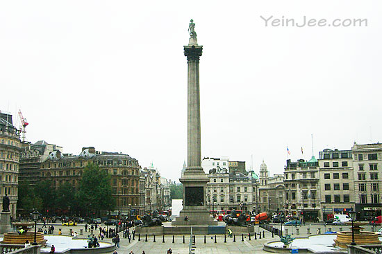 Trafalgar Square and Nelson Column in London, UK