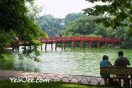 Huc Bridge at Ngoc Son Temple in Hanoi, Vietnam