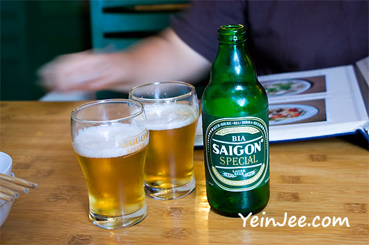Saigon beer at Quan Com Pho restaurant in Hanoi, Vietnam