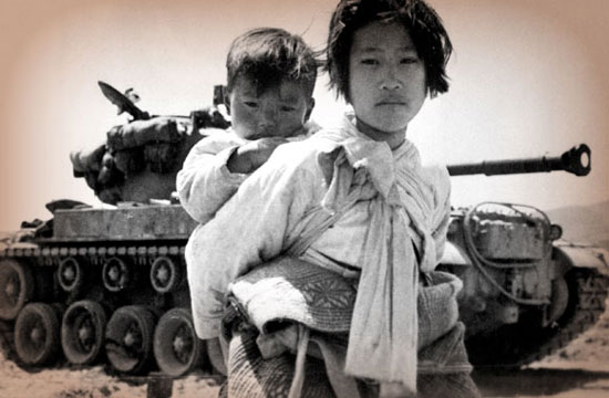Korean War girl, brother, tank