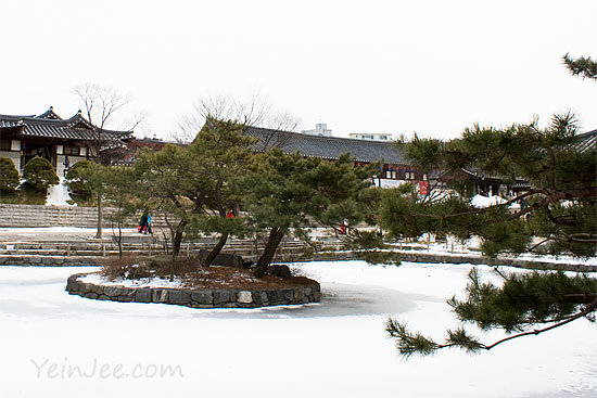 Frozen pond at Namsangol Hanok Village, Seoul