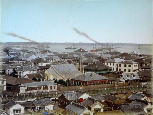 Adolfo Farsari vintage Japanese harbor view